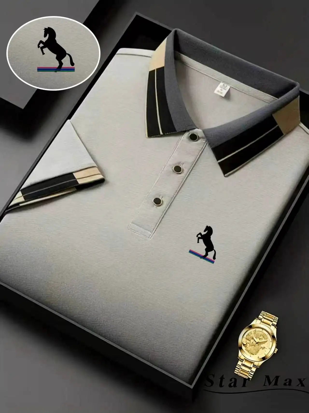 Polo Knit with Contrast Collar and Equestrian Embroidery