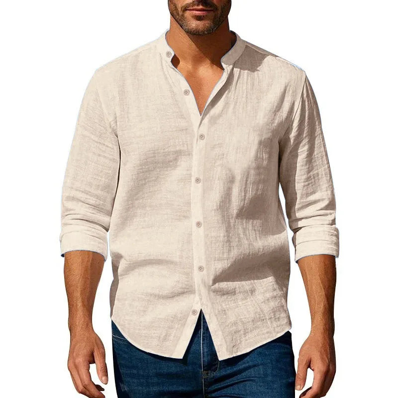 Band Collar Linen-Cotton Shirt