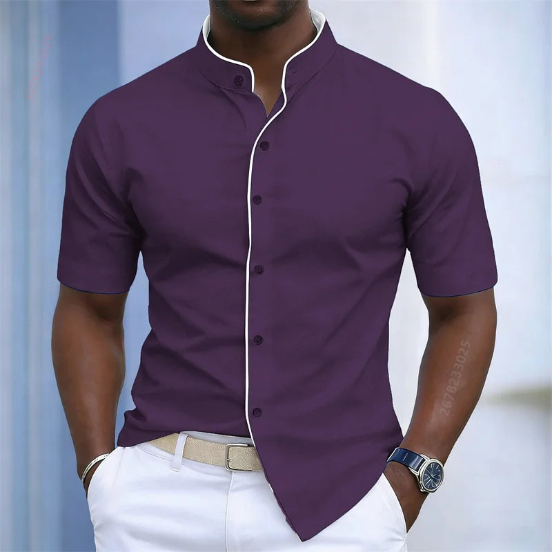 Contrast-Trim Stand Collar Shirt