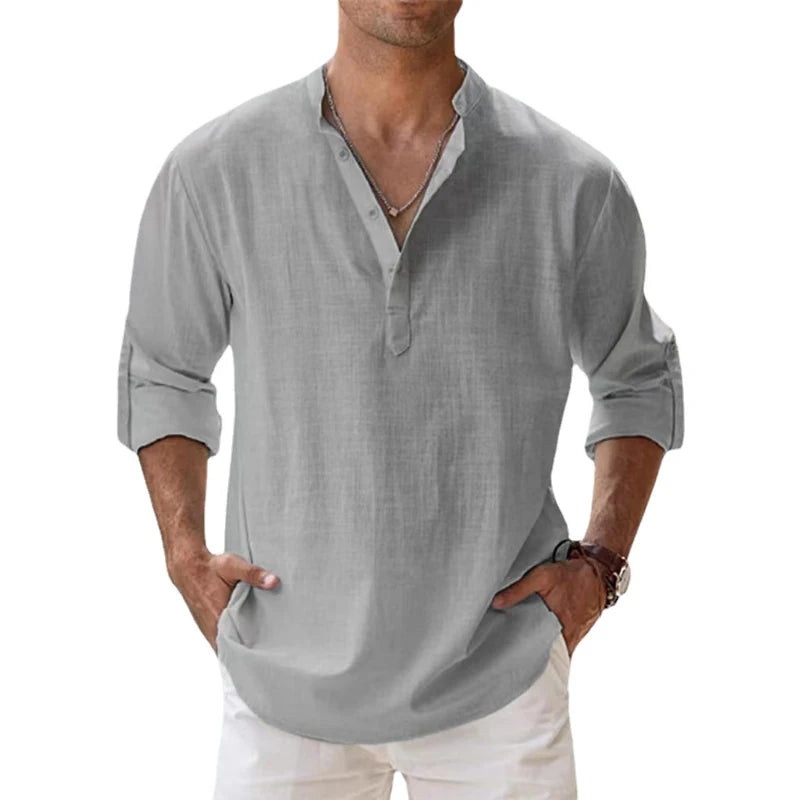 Linen-Cotton Popover Shirt