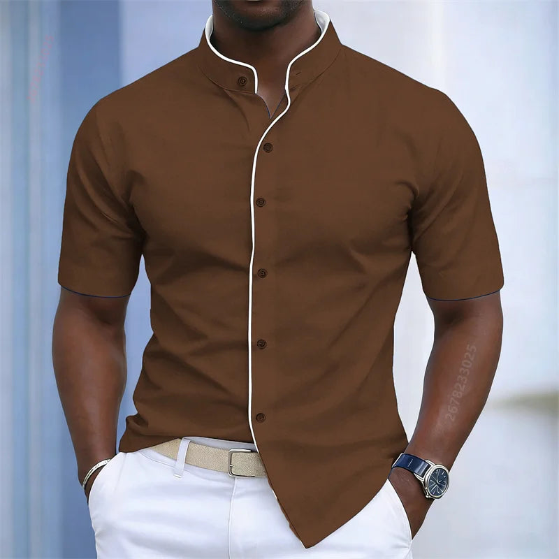 Contrast-Trim Stand Collar Shirt