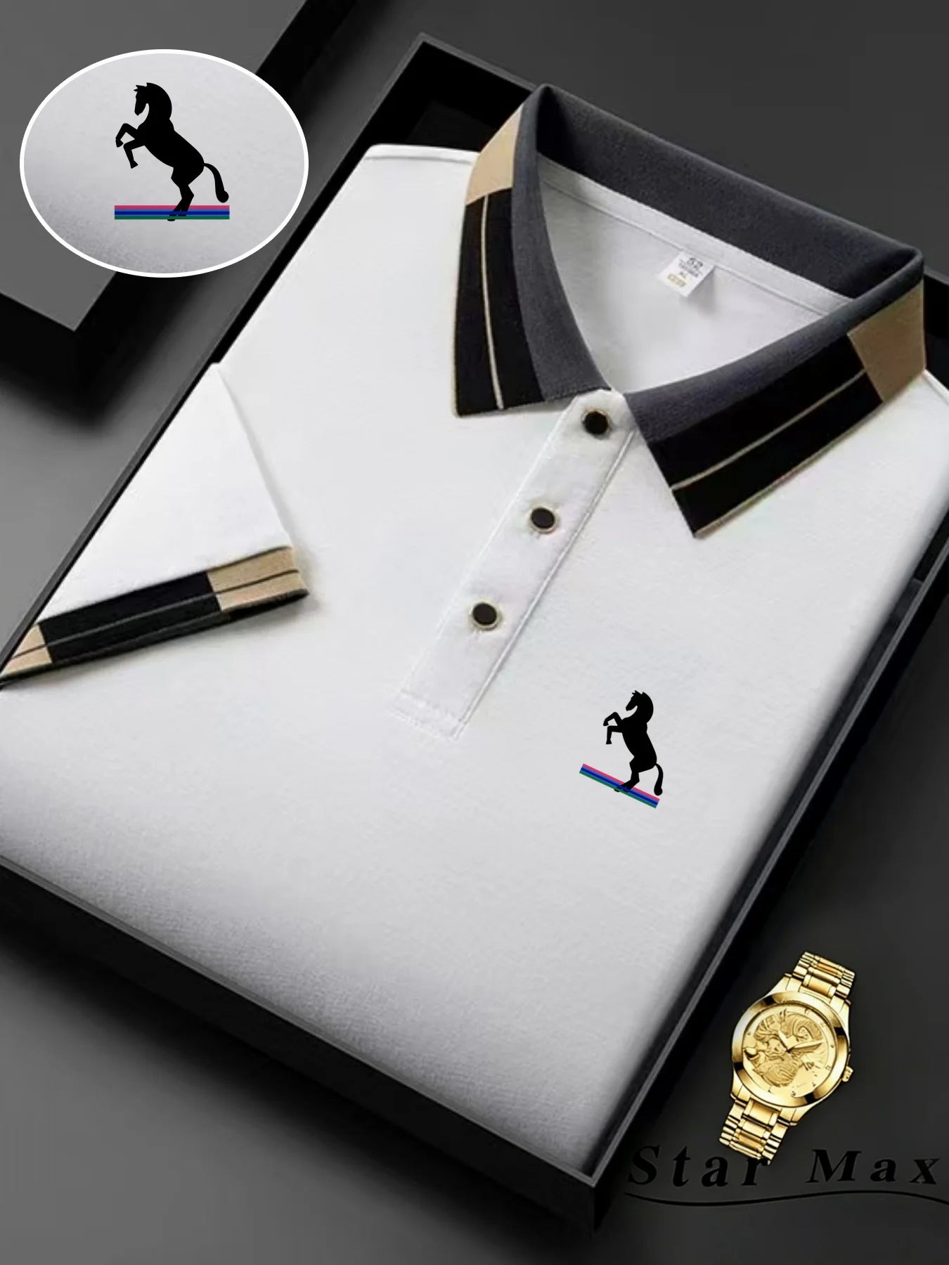 Polo Knit with Contrast Collar and Equestrian Embroidery