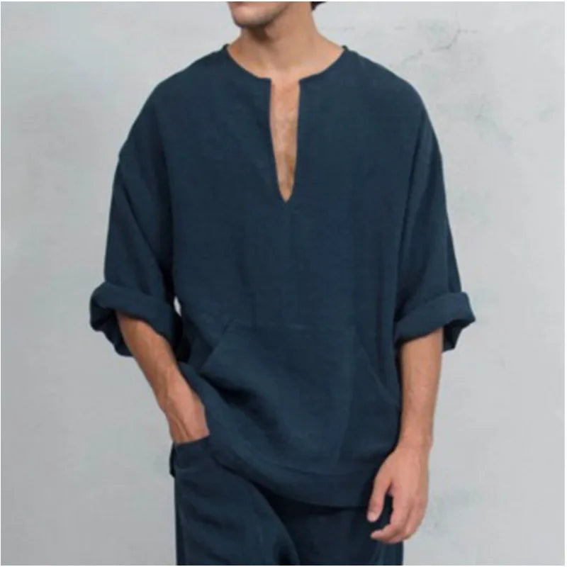 Collarless Cotton Popover Shirt