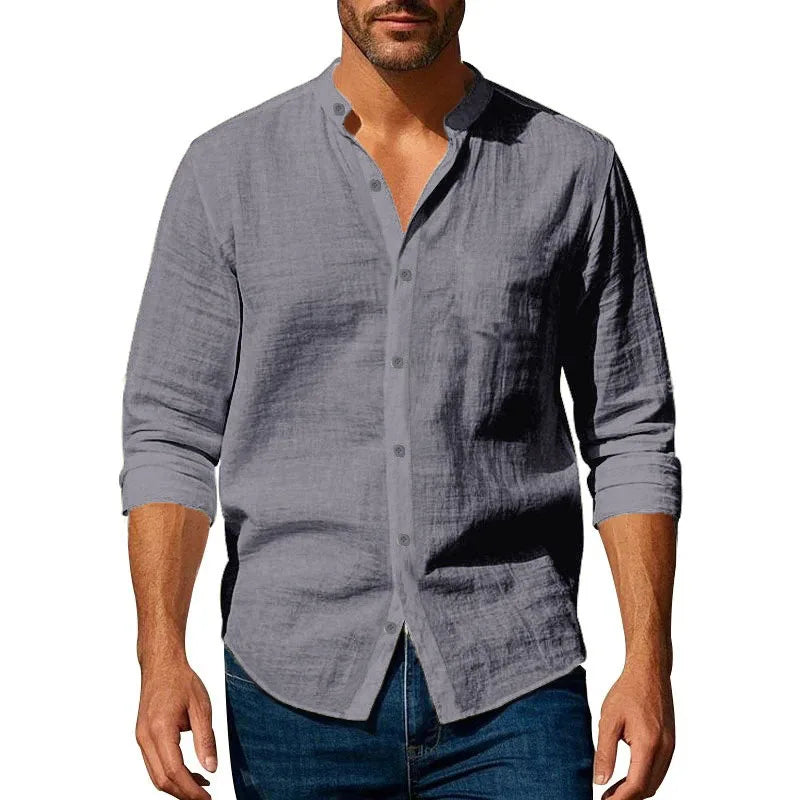 Band Collar Linen-Cotton Shirt