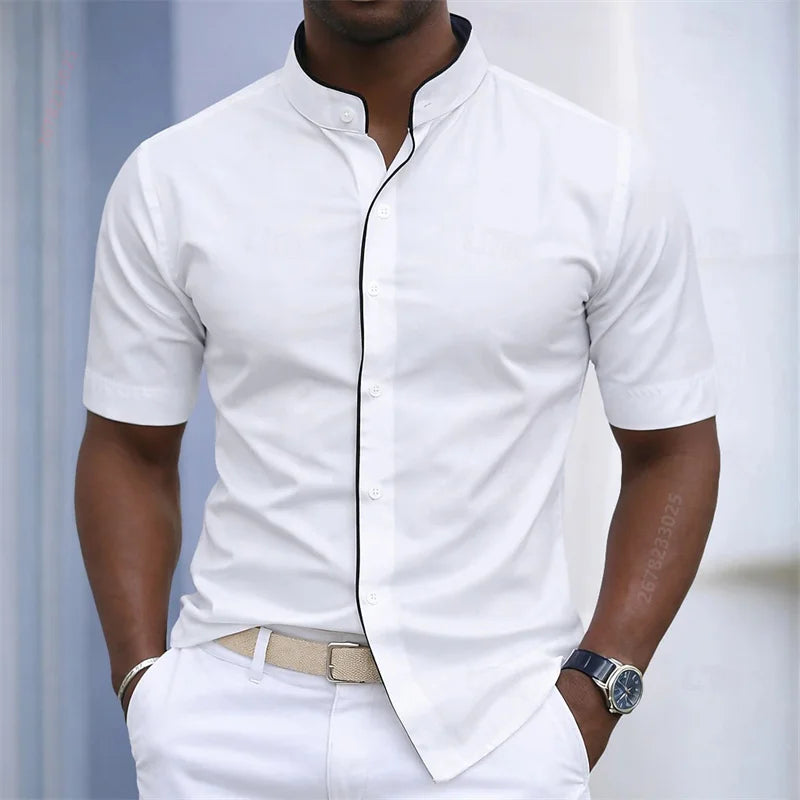 Contrast-Trim Stand Collar Shirt