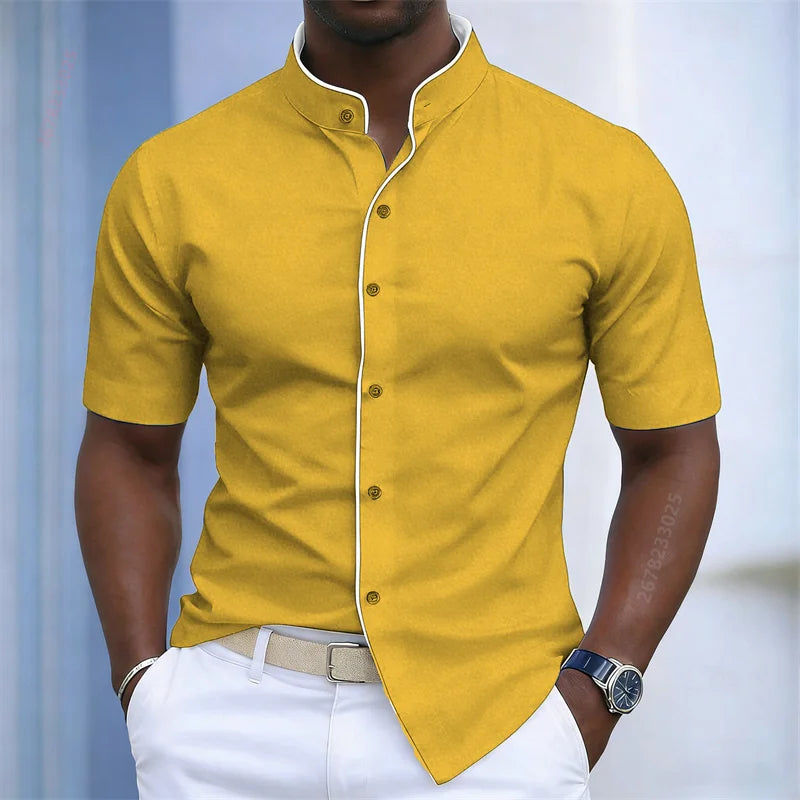 Contrast-Trim Stand Collar Shirt