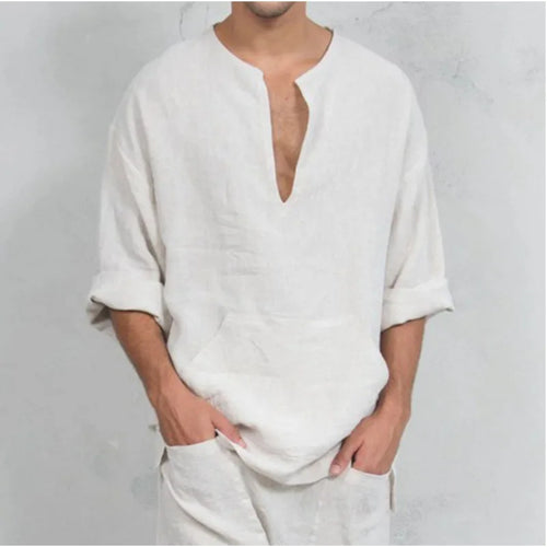 Collarless Cotton Popover Shirt