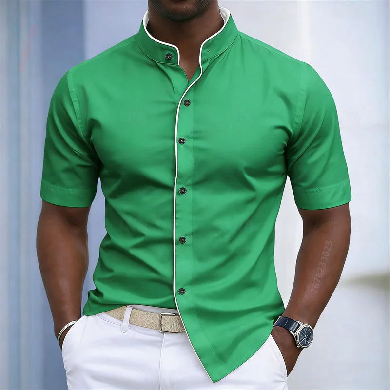 Contrast-Trim Stand Collar Shirt