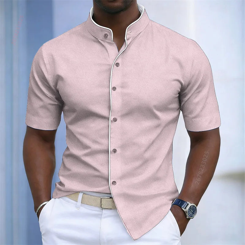 Contrast-Trim Stand Collar Shirt