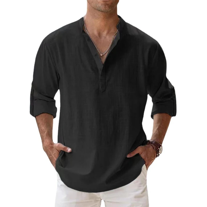 Linen-Cotton Popover Shirt