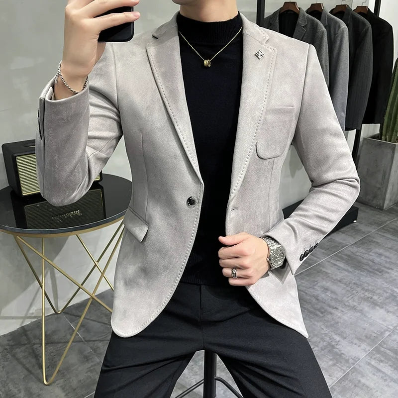 Brushed Suede-Effect Single-Button Blazer
