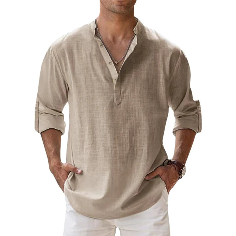 Linen-Cotton Popover Shirt