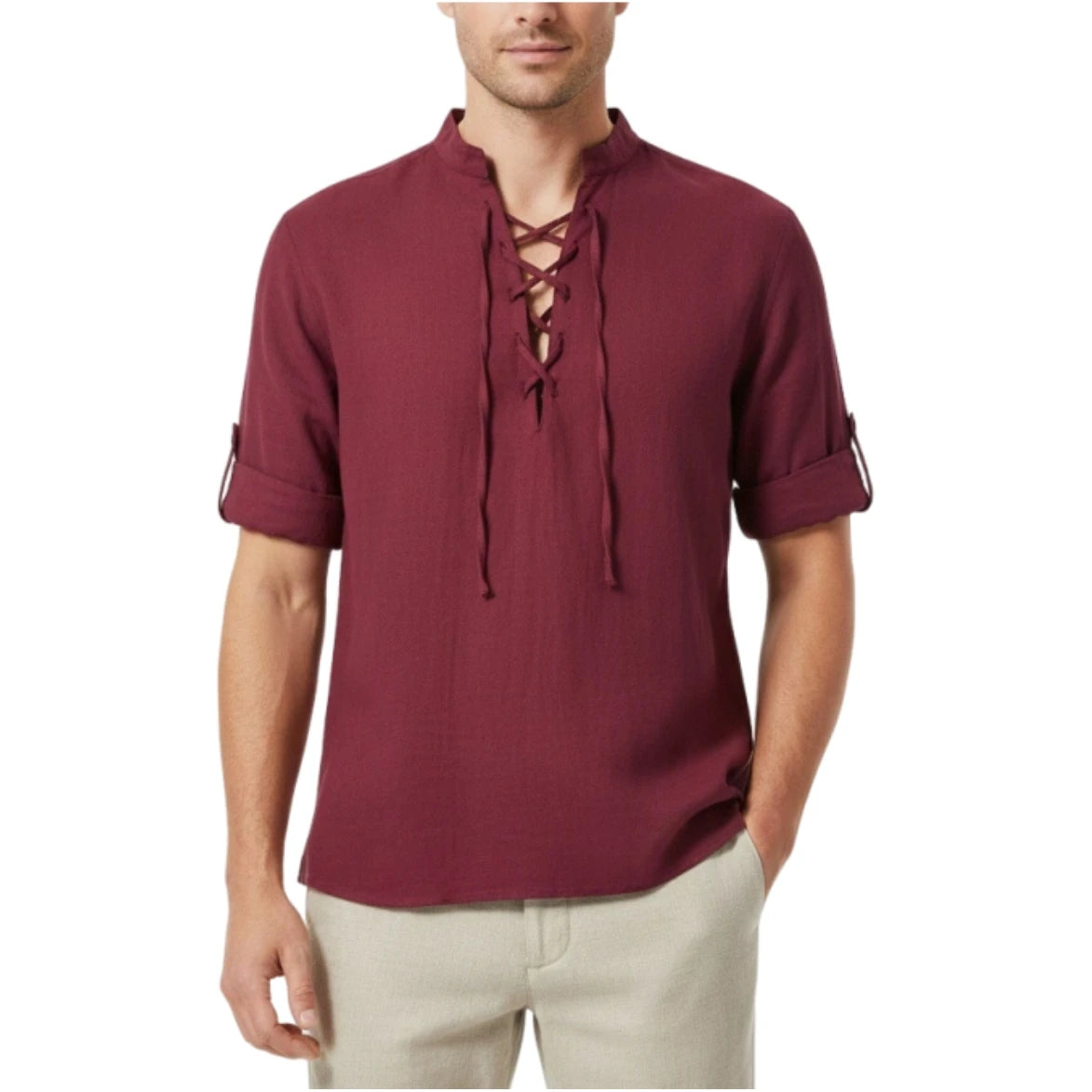 Lace-Up Stand Collar Shirt