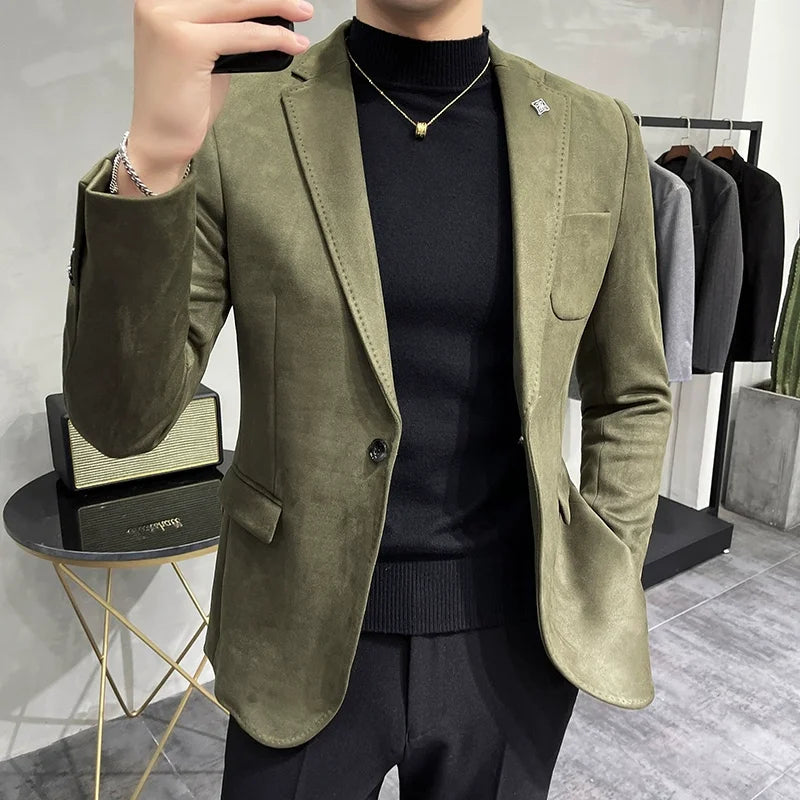 Brushed Suede-Effect Single-Button Blazer