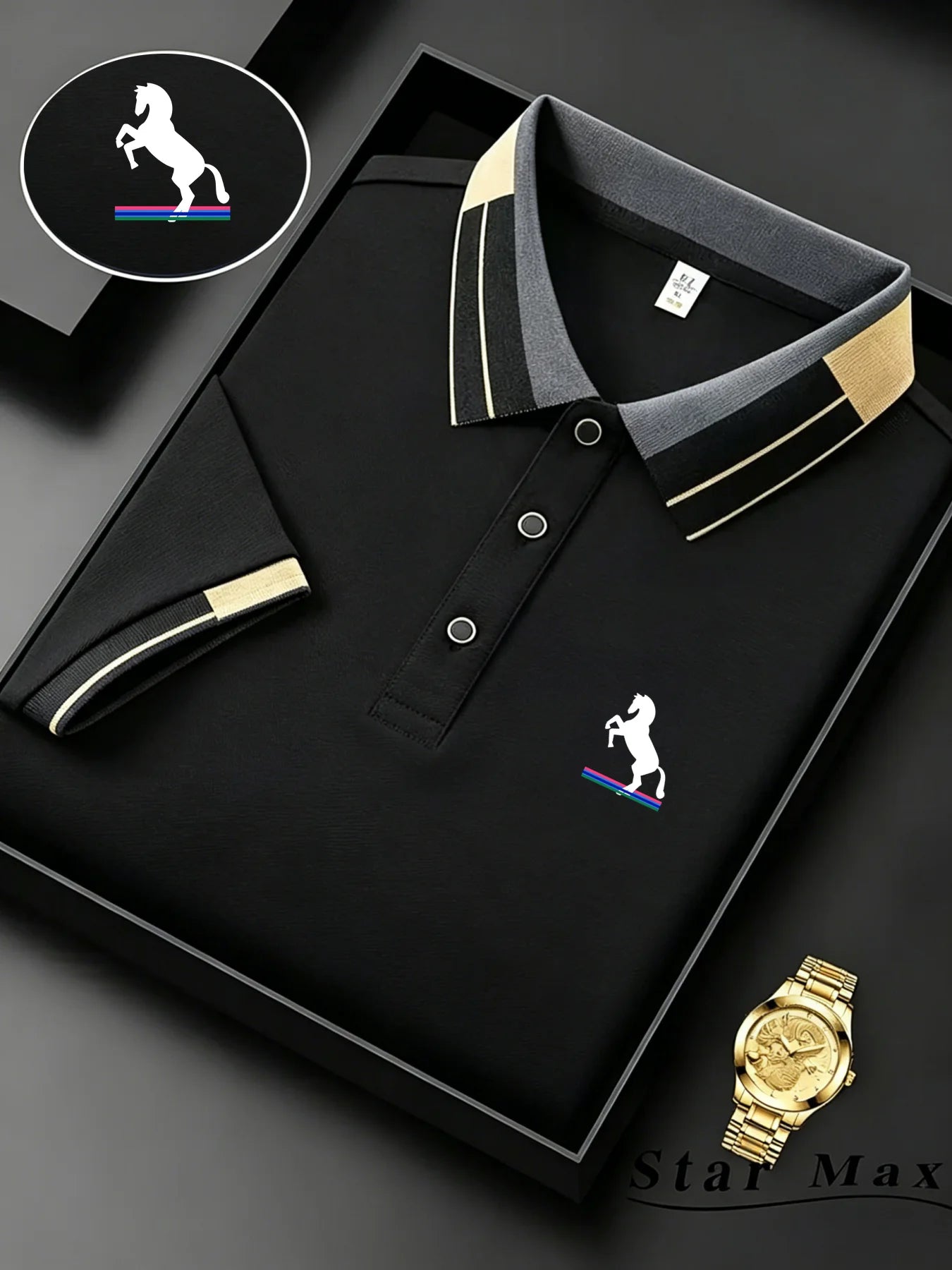 Polo Knit with Contrast Collar and Equestrian Embroidery