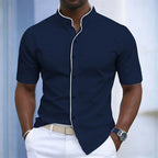 Contrast-Trim Stand Collar Shirt
