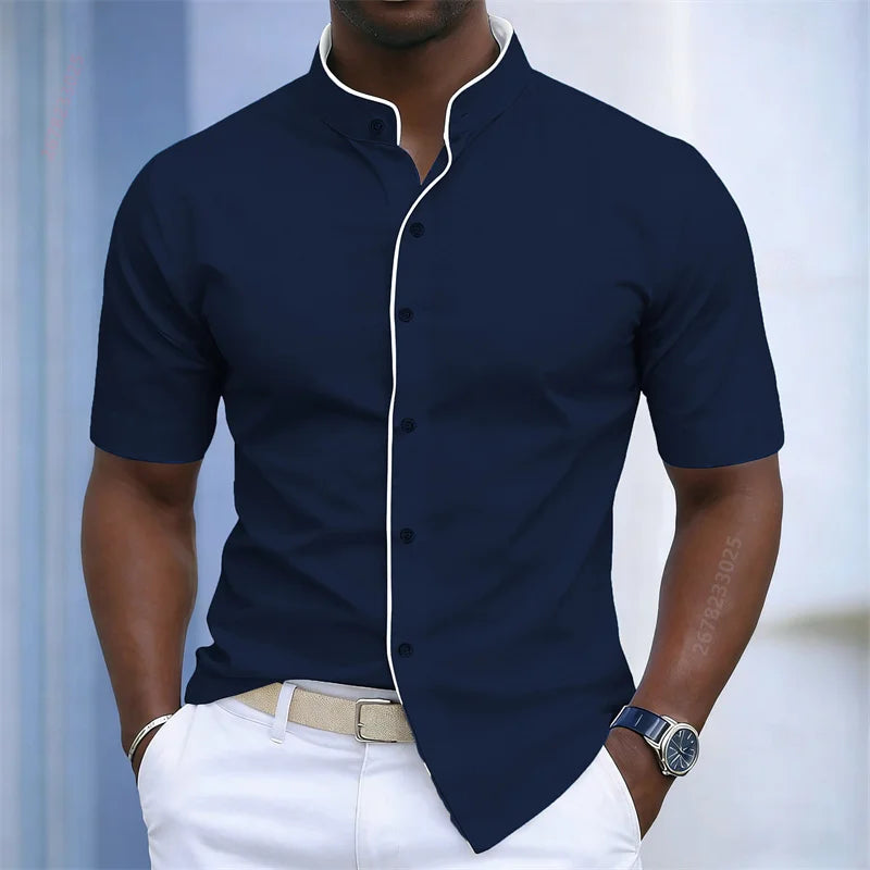 Contrast-Trim Stand Collar Shirt