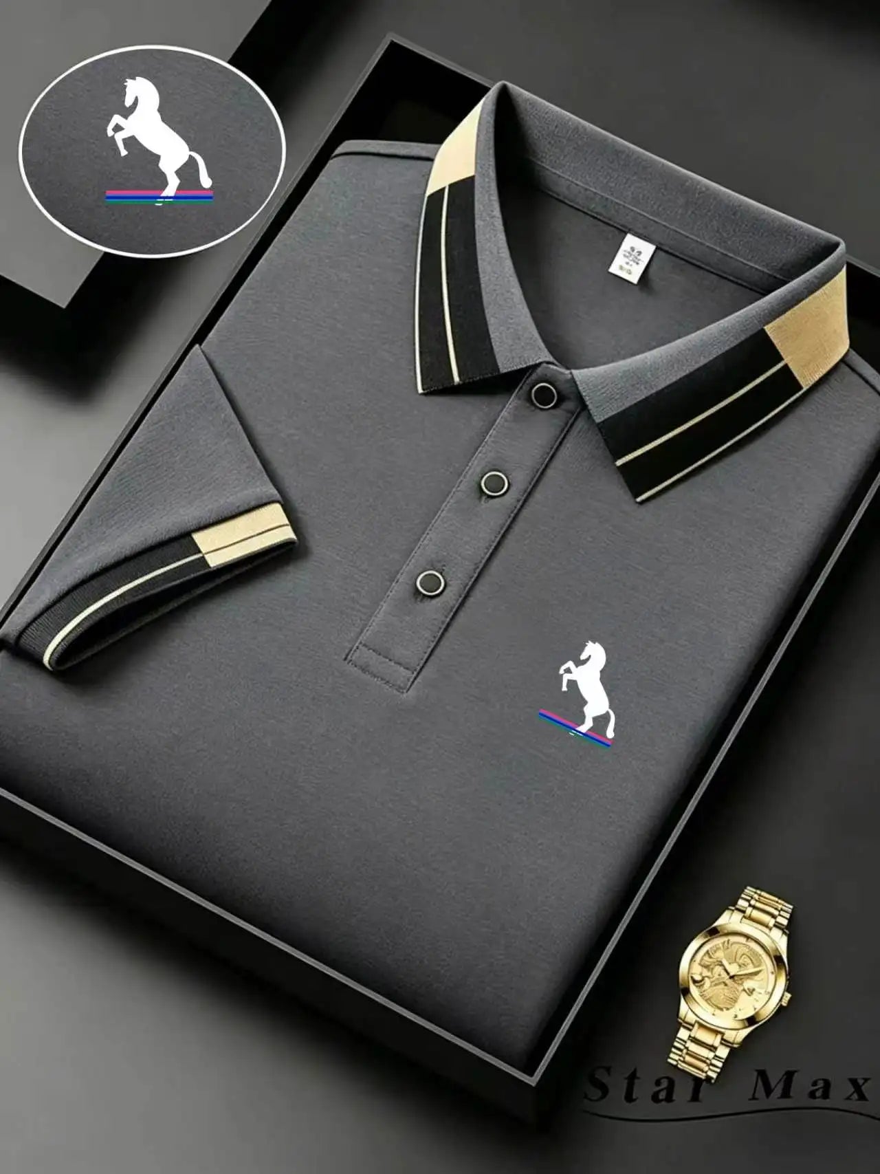 Polo Knit with Contrast Collar and Equestrian Embroidery