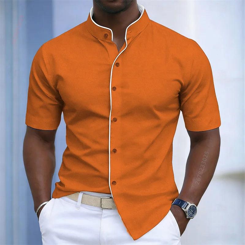 Contrast-Trim Stand Collar Shirt