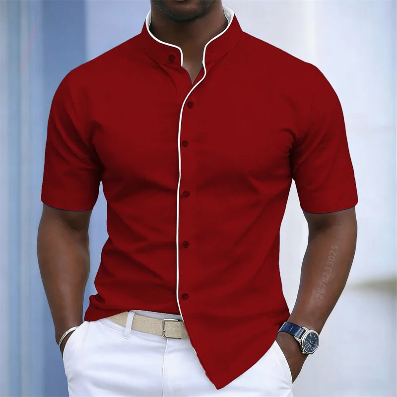 Contrast-Trim Stand Collar Shirt