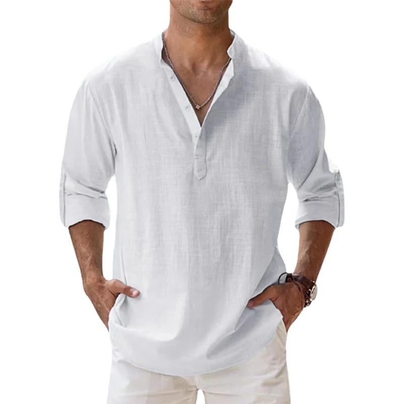 Linen-Cotton Popover Shirt