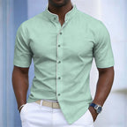 Contrast-Trim Stand Collar Shirt