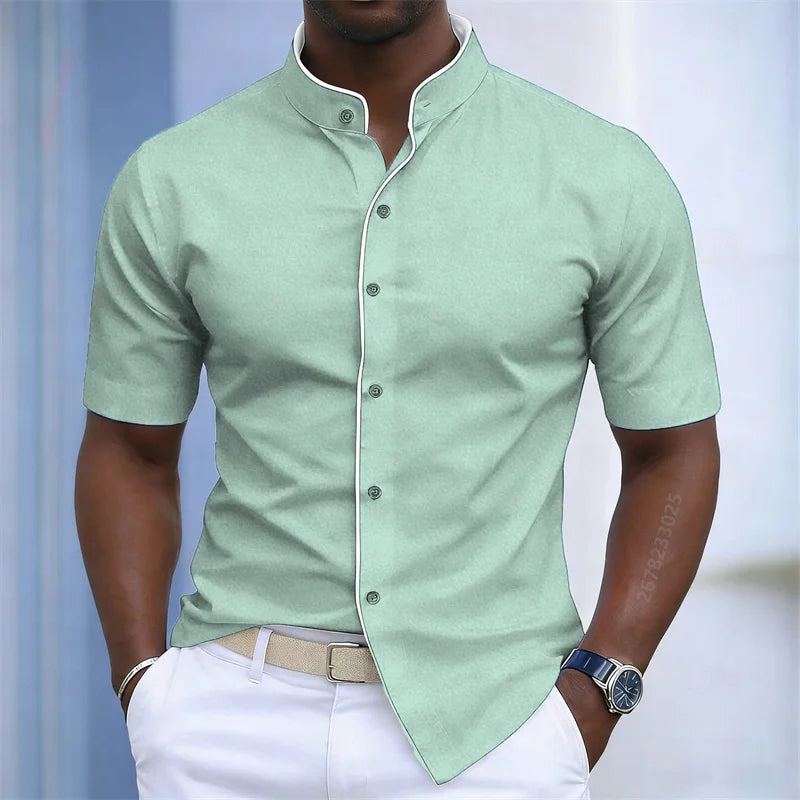 Contrast-Trim Stand Collar Shirt