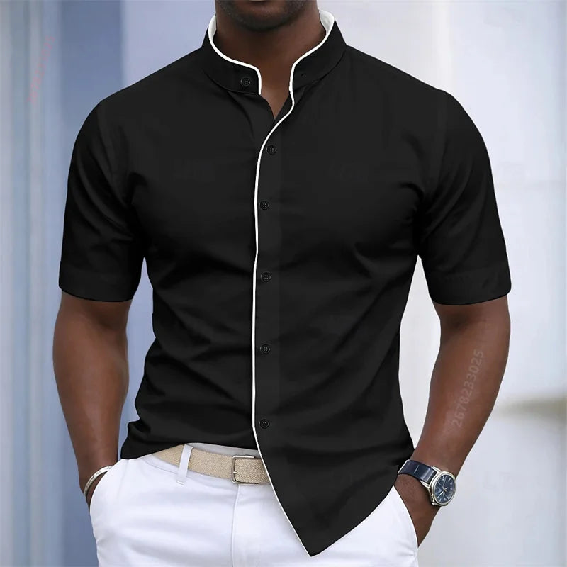 Contrast-Trim Stand Collar Shirt