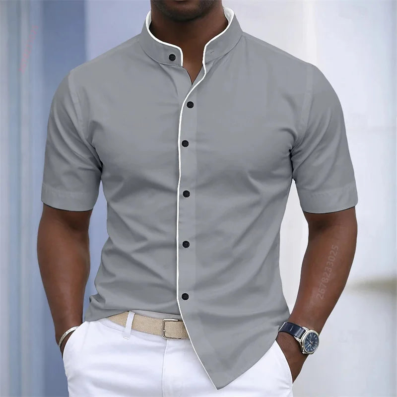 Contrast-Trim Stand Collar Shirt