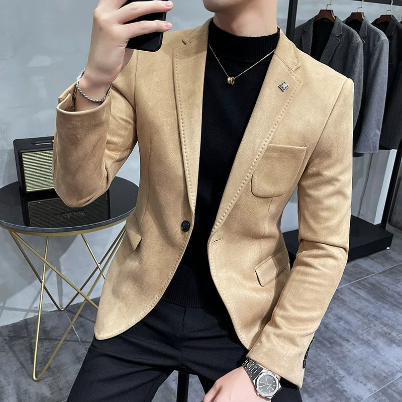 Brushed Suede-Effect Single-Button Blazer
