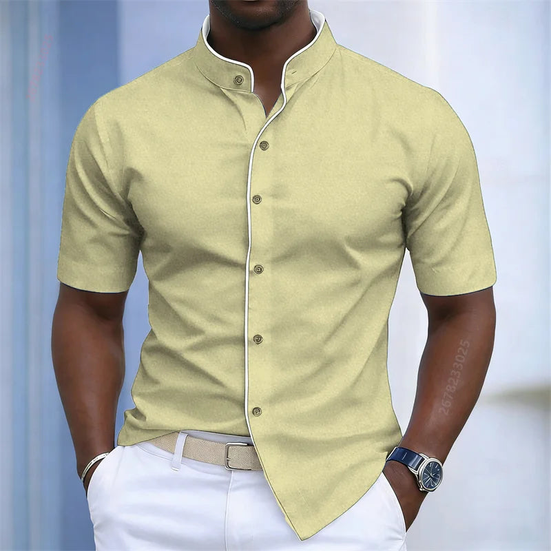 Contrast-Trim Stand Collar Shirt