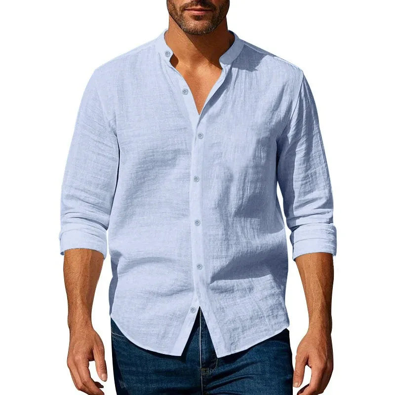 Band Collar Linen-Cotton Shirt