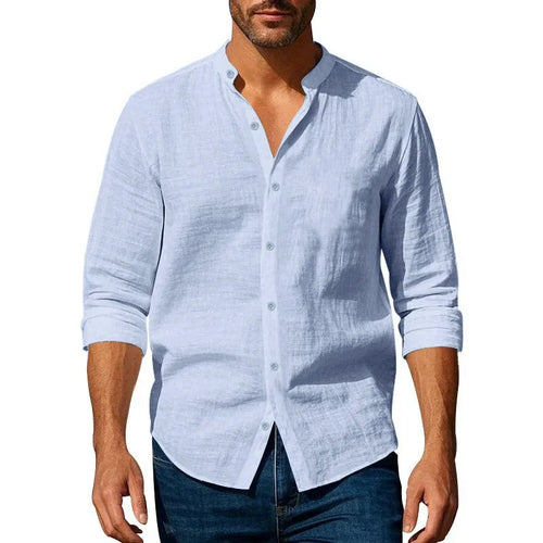 Band Collar Linen-Cotton Shirt