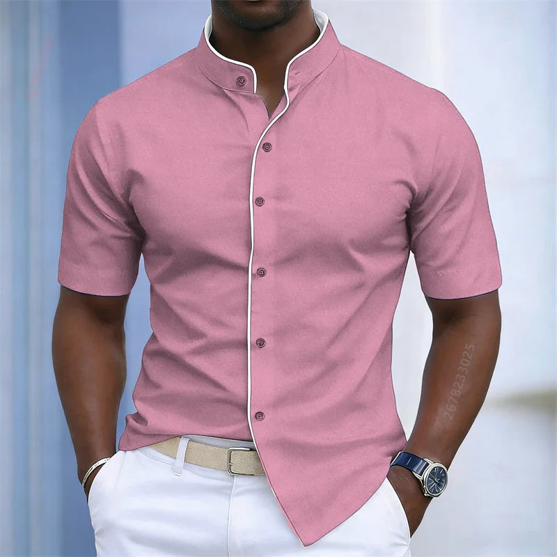 Contrast-Trim Stand Collar Shirt
