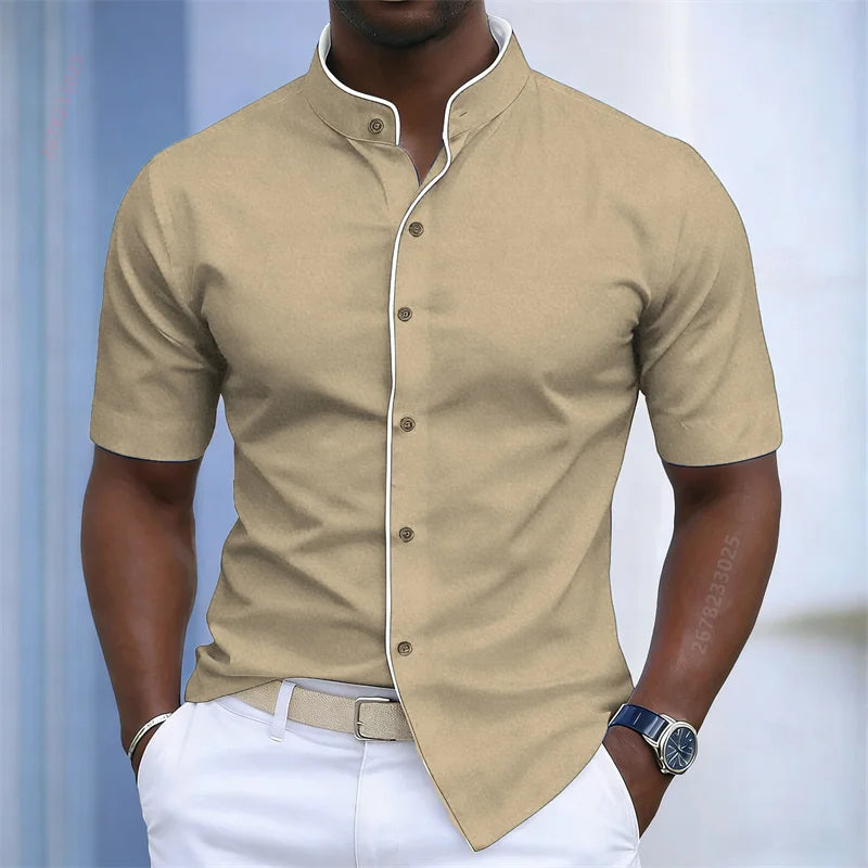 Contrast-Trim Stand Collar Shirt