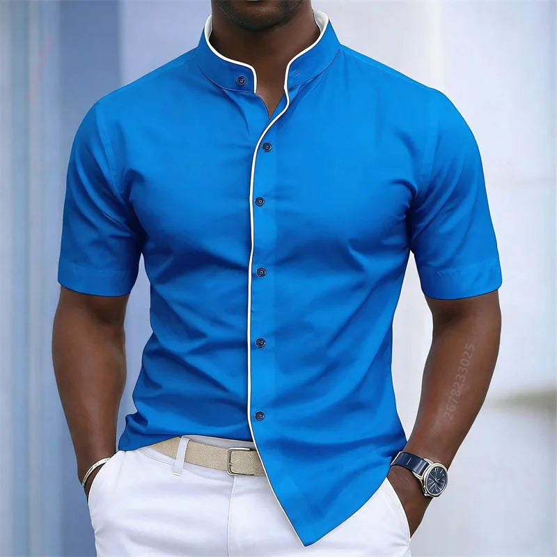 Contrast-Trim Stand Collar Shirt