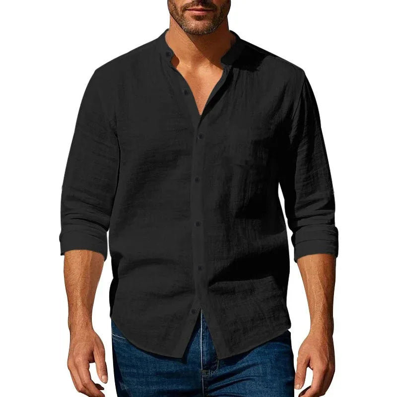 Band Collar Linen-Cotton Shirt