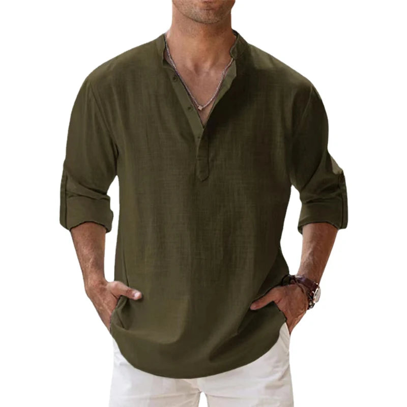 Linen-Cotton Popover Shirt