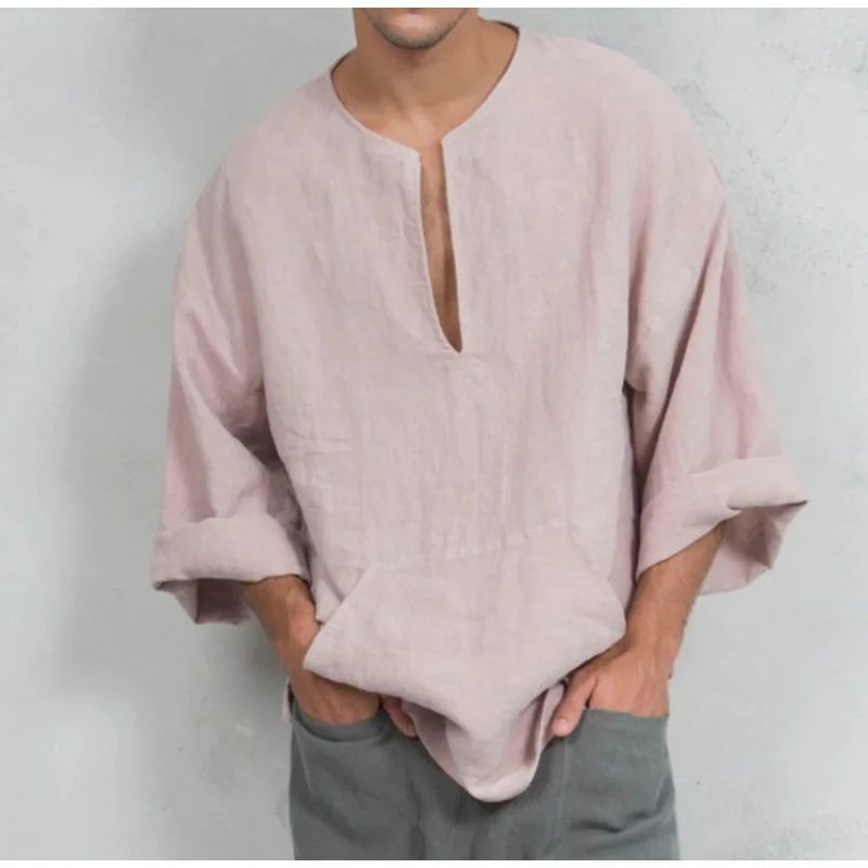 Collarless Cotton Popover Shirt