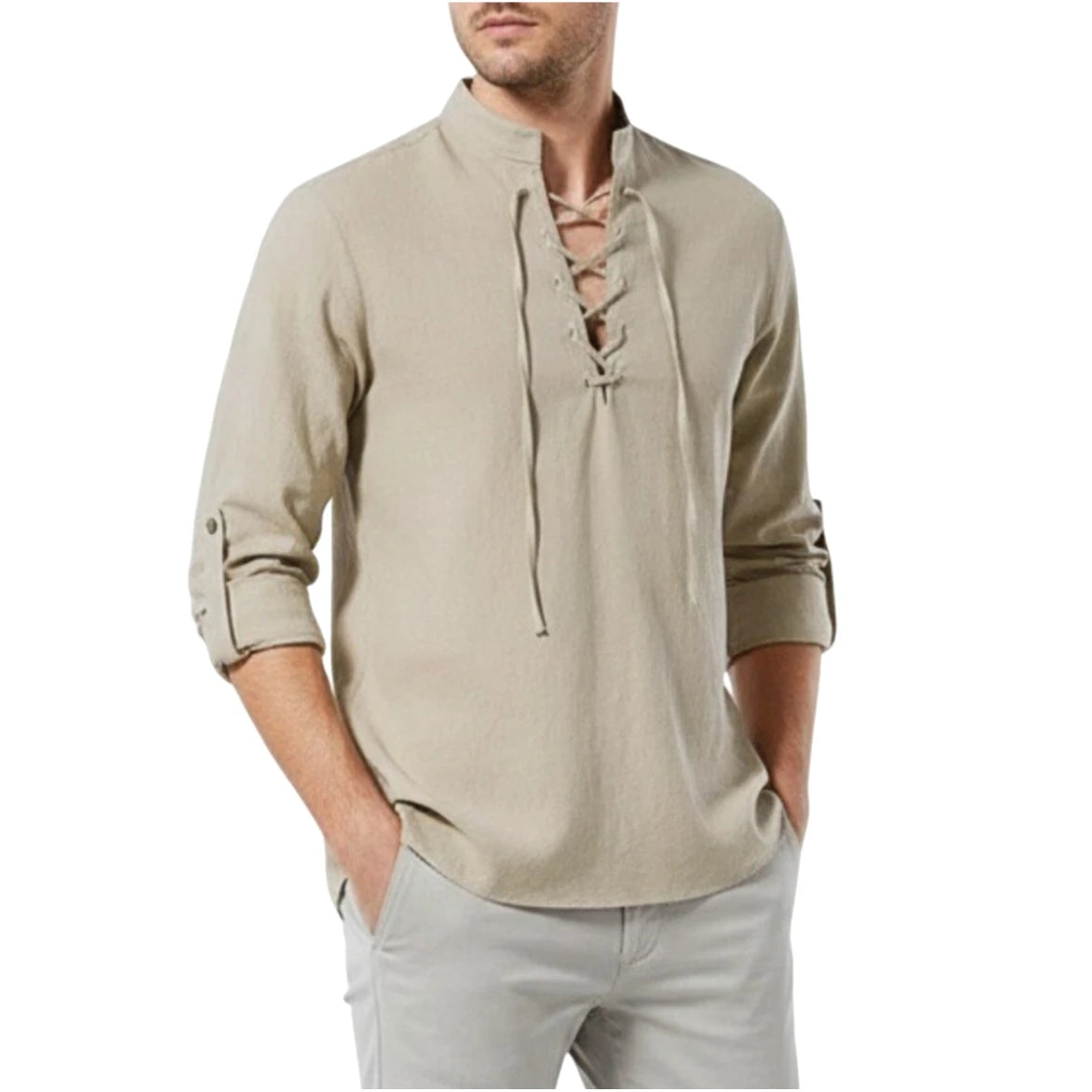 Lace-Up Stand Collar Shirt