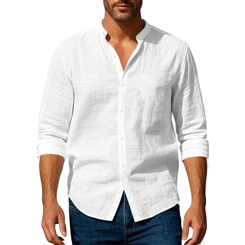 Band Collar Linen-Cotton Shirt