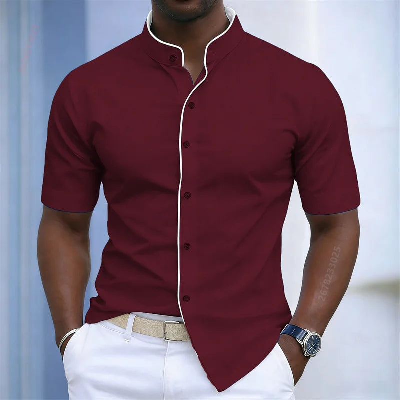 Contrast-Trim Stand Collar Shirt