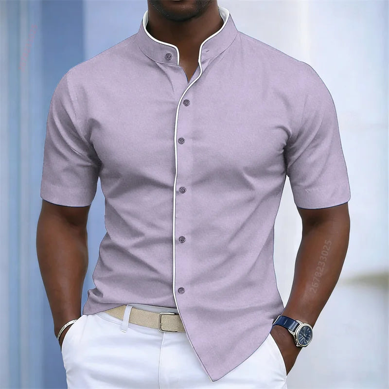 Contrast-Trim Stand Collar Shirt