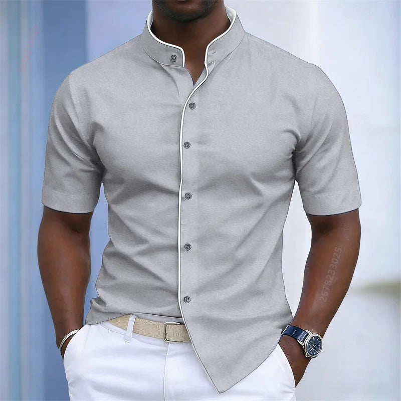 Contrast-Trim Stand Collar Shirt
