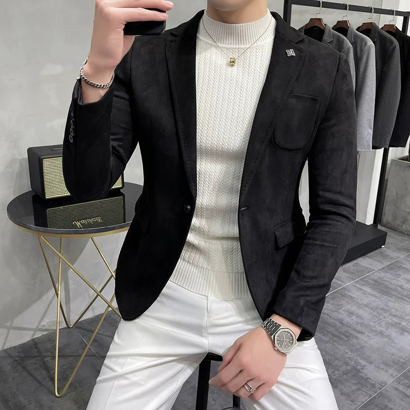 Brushed Suede-Effect Single-Button Blazer
