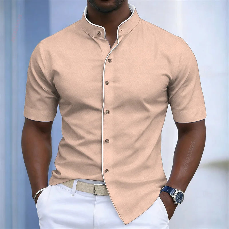 Contrast-Trim Stand Collar Shirt